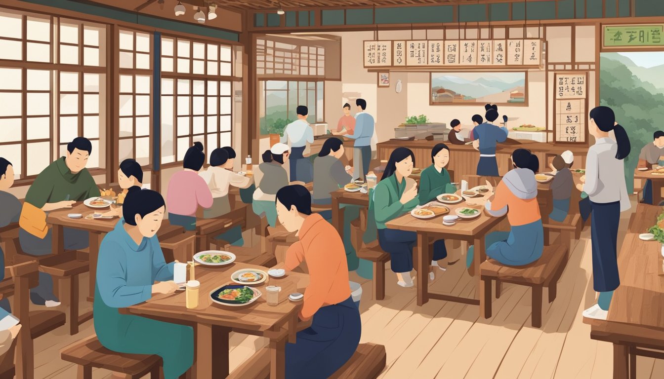 A bustling Korean family restaurant with a sign reading "Frequently Asked Questions" in bold letters. Customers enjoying traditional dishes at wooden tables
