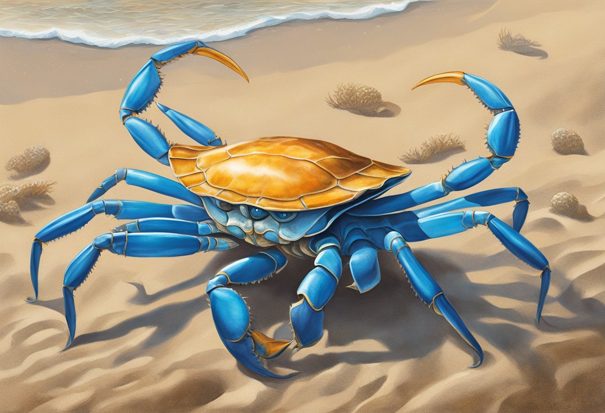 A blue swimmer crab scuttles along the sandy ocean floor, its vibrant blue shell catching the sunlight. Its sharp pincers are raised in a defensive posture as it navigates the underwater landscape