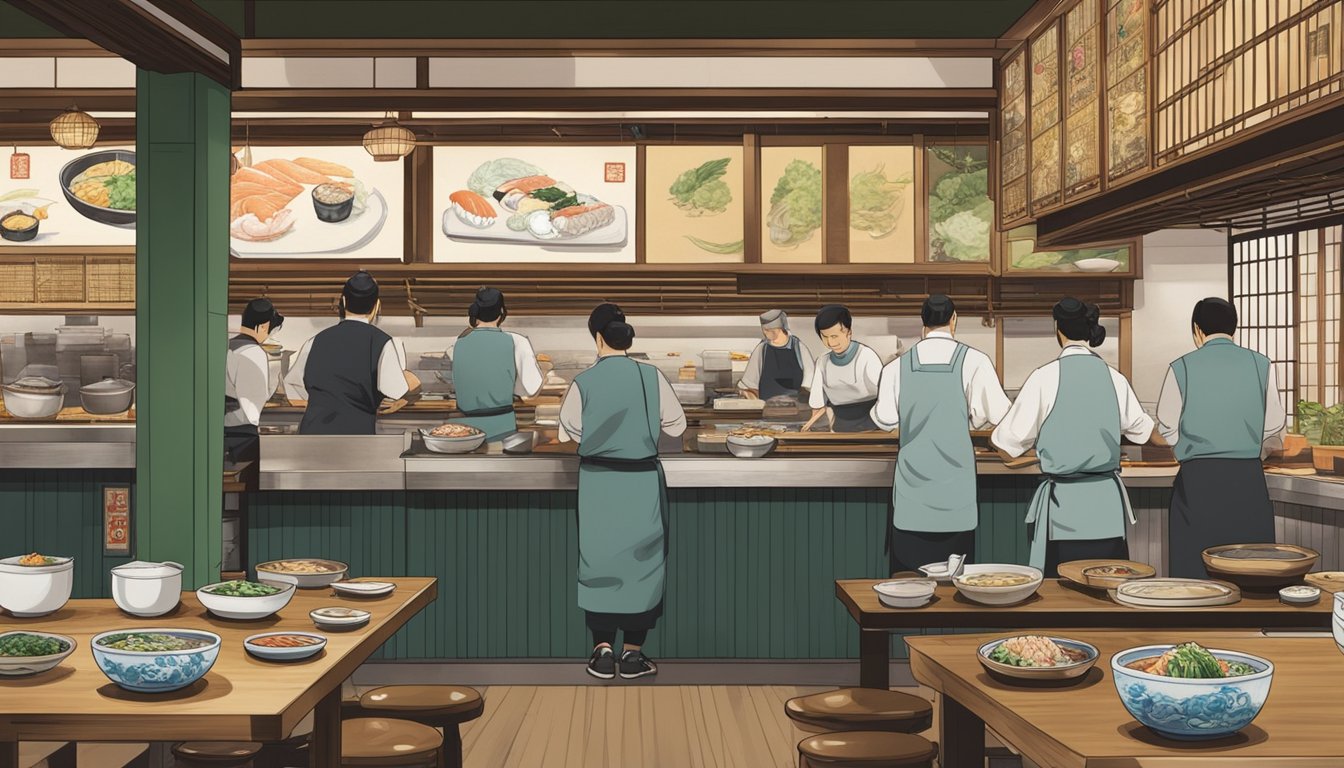 A bustling suzuya restaurant with traditional decor, steaming bowls of ramen, and chefs skillfully preparing sushi behind the counter