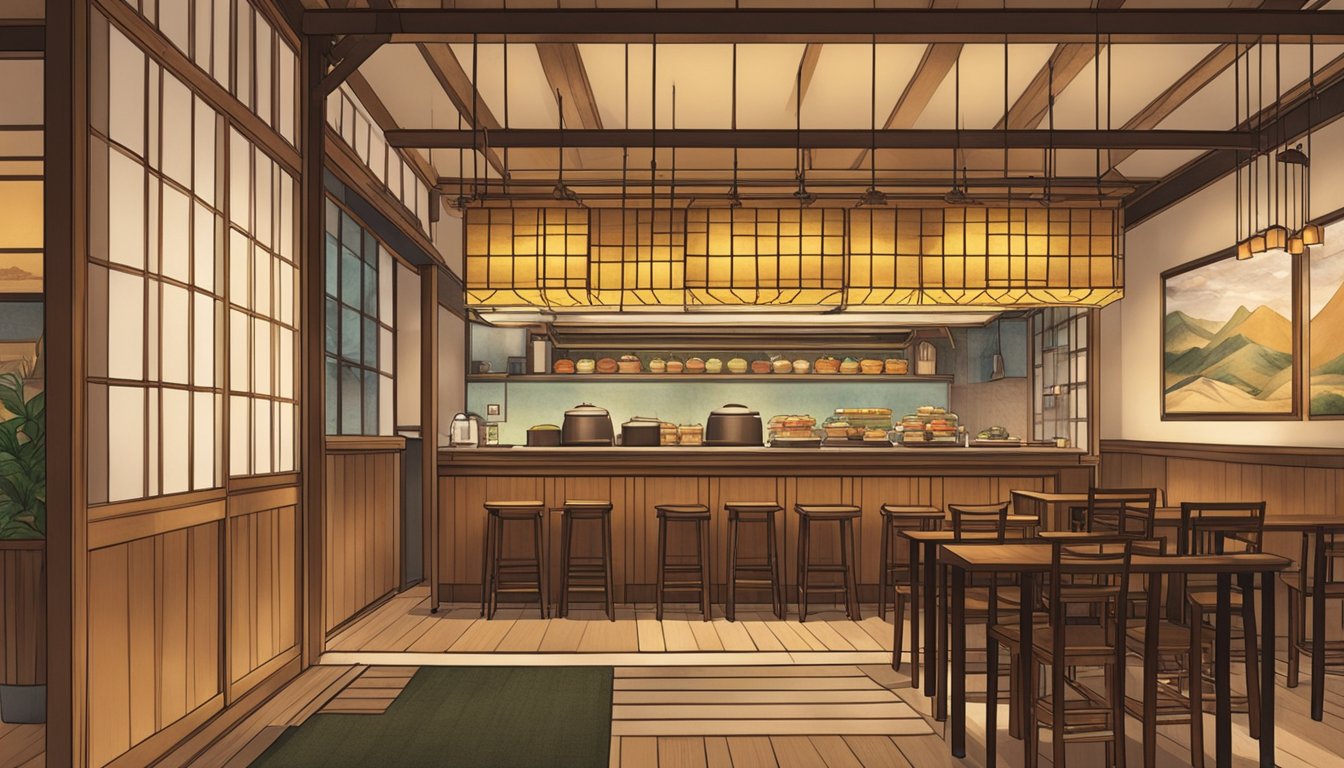 Customers entering Suzuya Restaurant, greeted by warm lighting and traditional Japanese decor. Sushi bar and cozy seating invite guests to enjoy a culinary experience