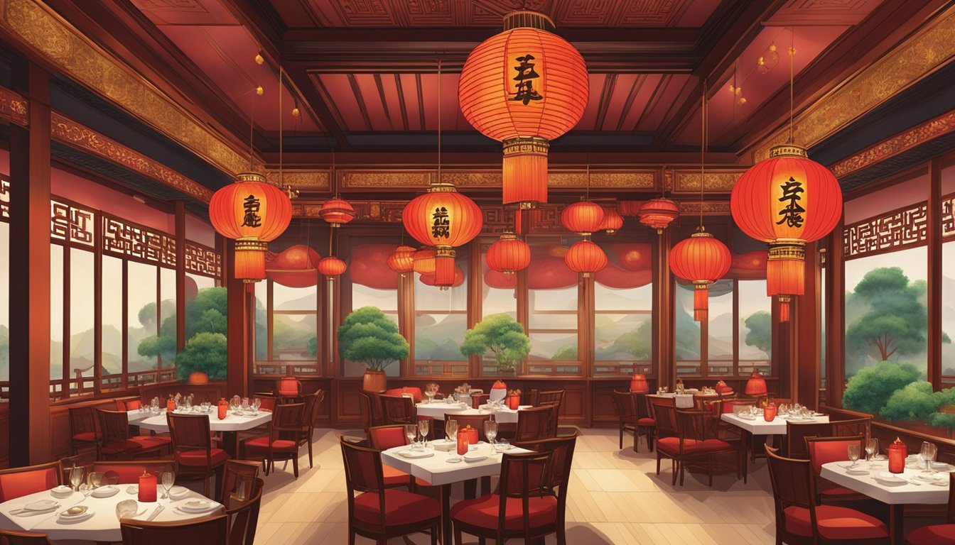 The grand Shanghai restaurant is filled with the aroma of sizzling stir-fry and steaming dumplings. Red lanterns cast a warm glow over ornate wooden tables and elegant silk tapestries adorn the walls