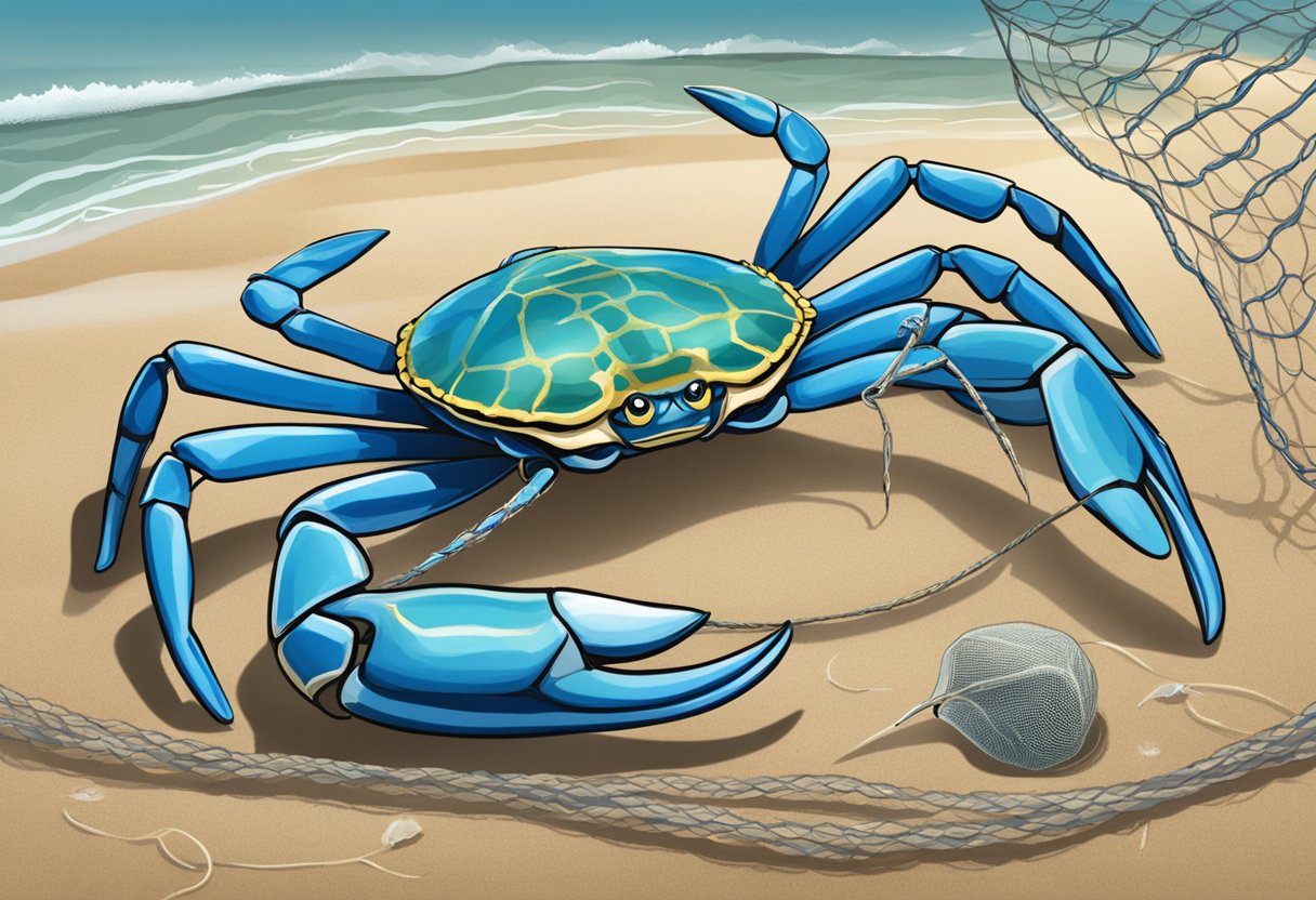 A blue swimmer crab is caught in a fishing net, with a sign nearby displaying fishing regulations