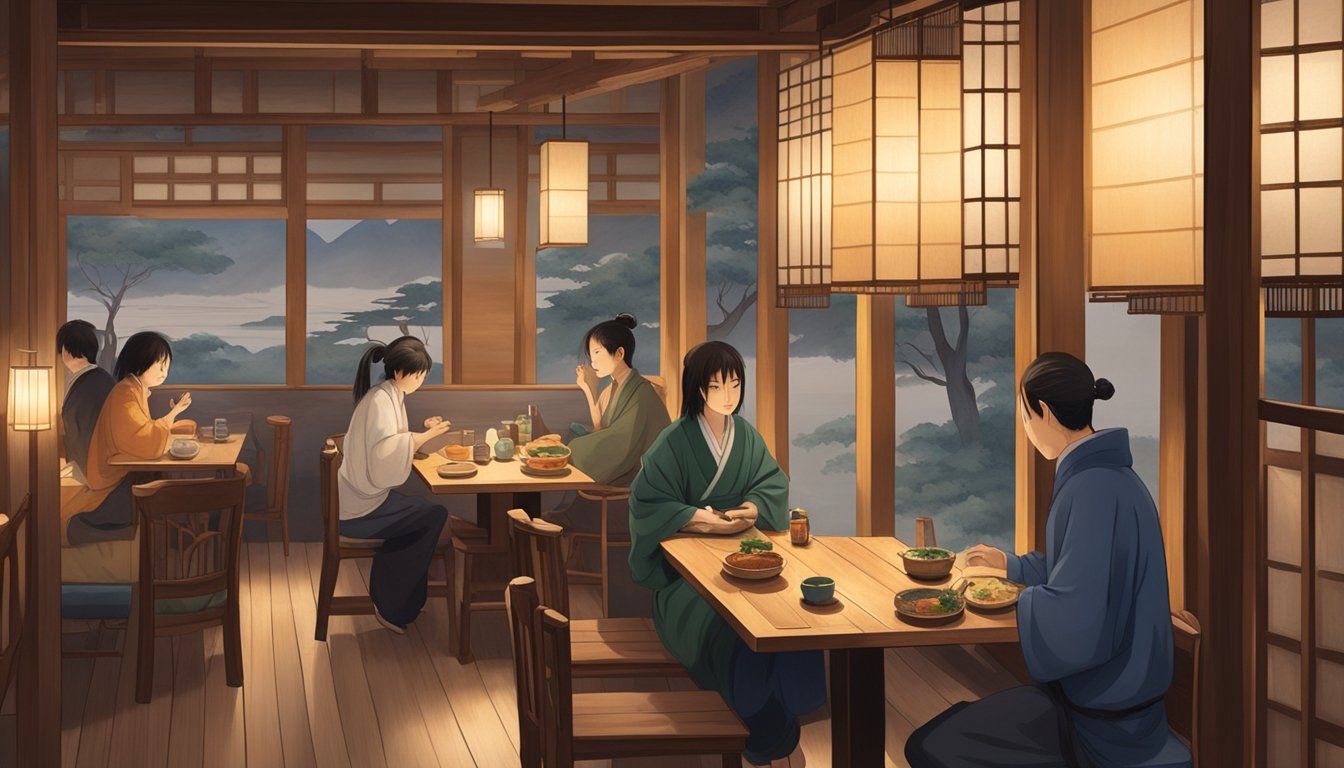 Customers are seated at wooden tables, enjoying traditional Japanese dishes in a cozy, dimly lit atmosphere. The walls are adorned with Japanese artwork, creating a serene and inviting ambiance