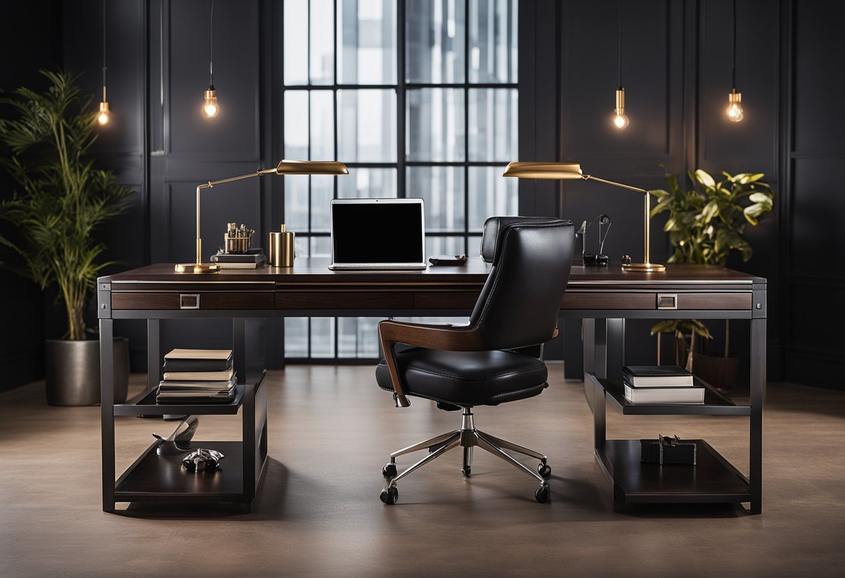 A sleek, modern desk with a leather chair, industrial lighting, and masculine decor accents like dark wood, metal accents, and a neutral color palette