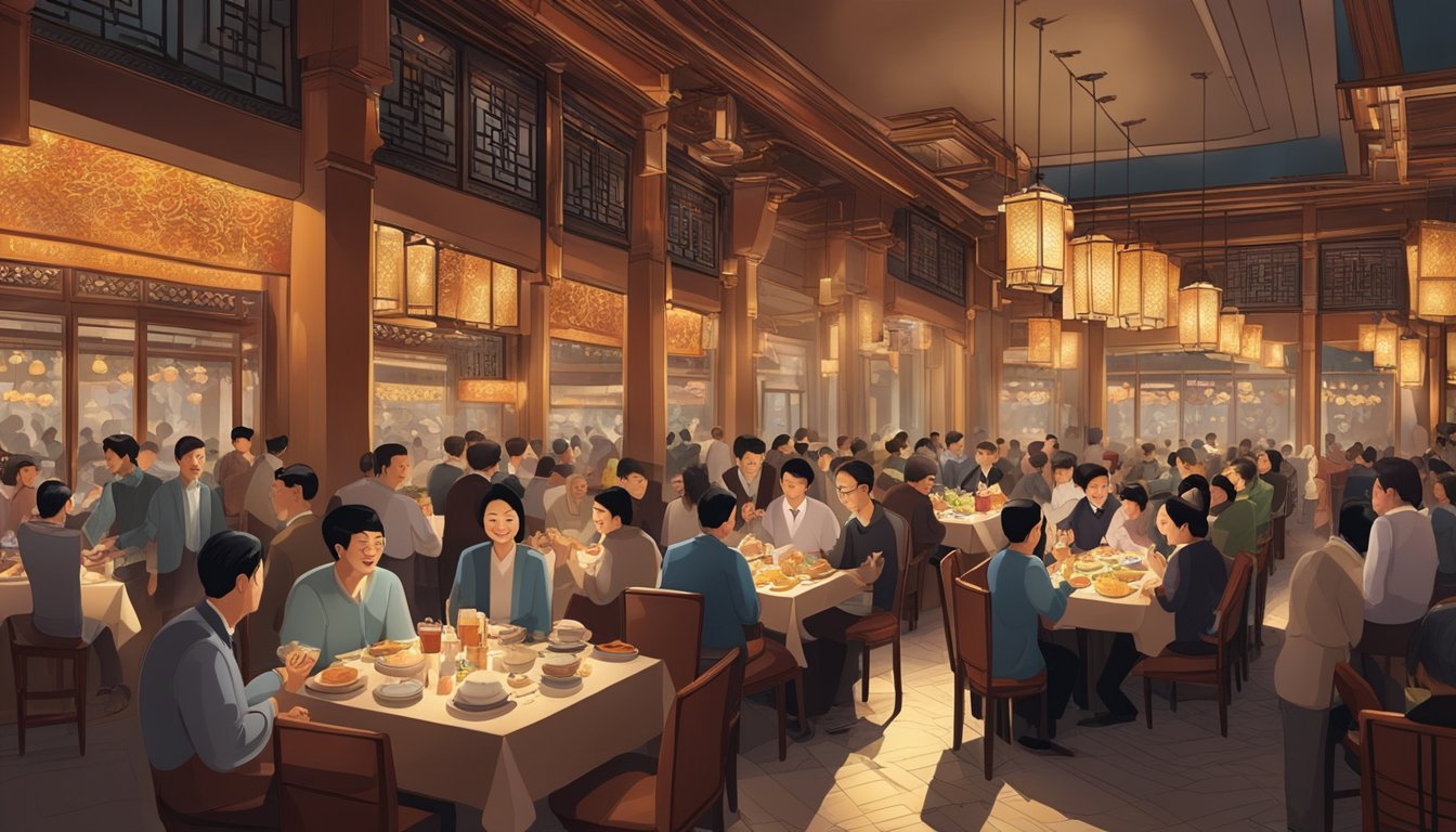 A bustling grand Shanghai restaurant with ornate decor, dim lighting, and a lively atmosphere filled with the sounds of clinking dishes and chatter
