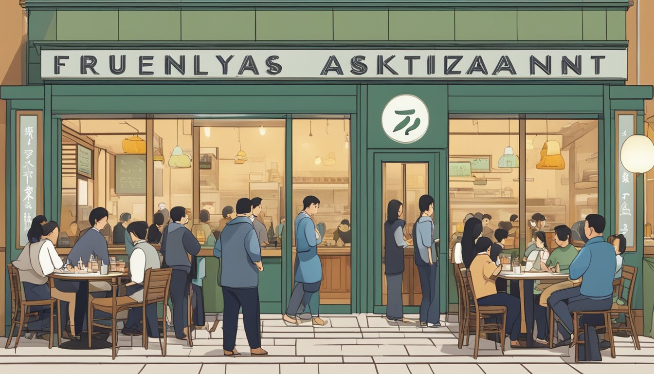 A bustling restaurant with customers lined up, a sign reading "Frequently Asked Questions suzuya restaurant" above the entrance. Tables and chairs fill the space, with waitstaff moving about