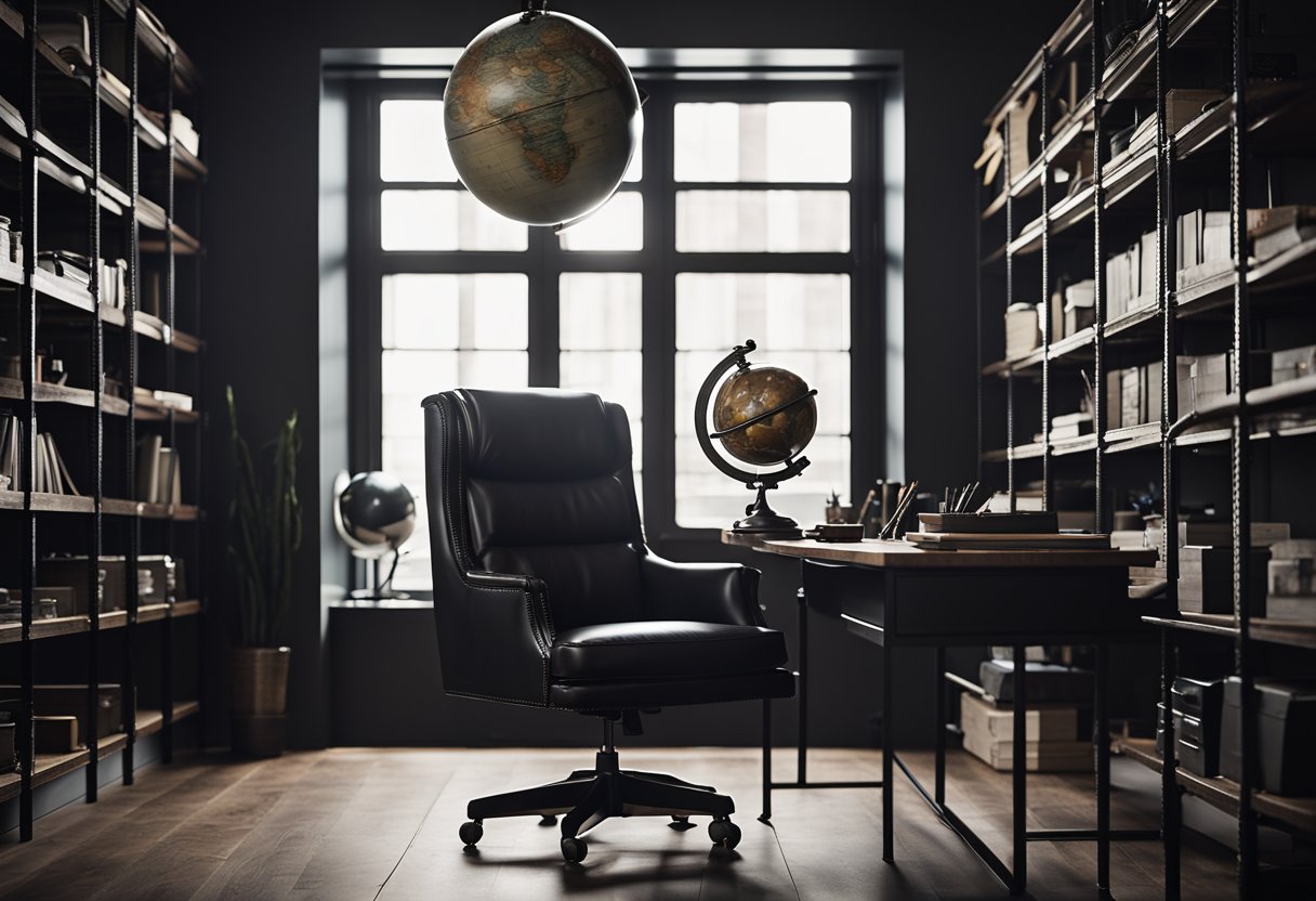 A sleek black desk with a leather chair, industrial shelving, and a vintage globe. Dark wood floors, neutral walls, and masculine decor accents