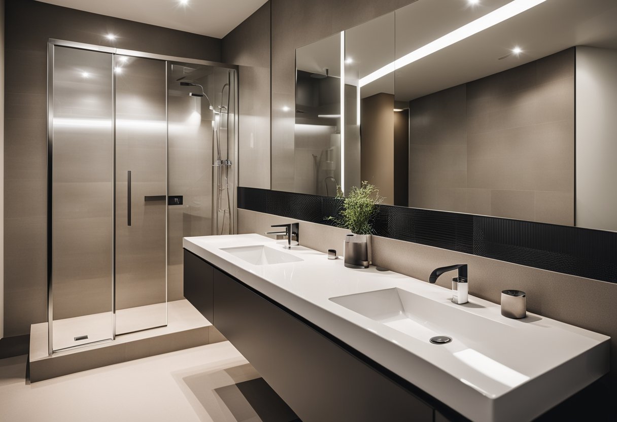 A modern bathroom with a sleek basin cabinet maximizing space