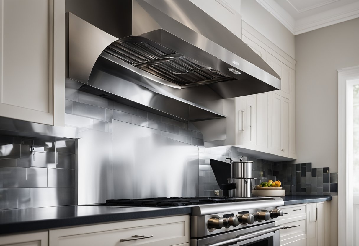 A stainless steel kitchen hood system hangs above a modern stovetop, venting smoke and steam through a duct to the ceiling