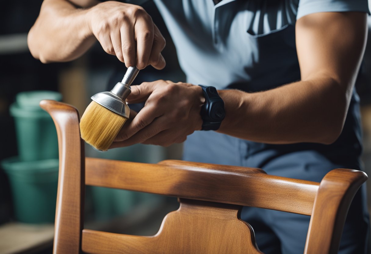 A skilled technician carefully sands and polishes a weathered teak chair, applying protective sealant for a glossy finish
