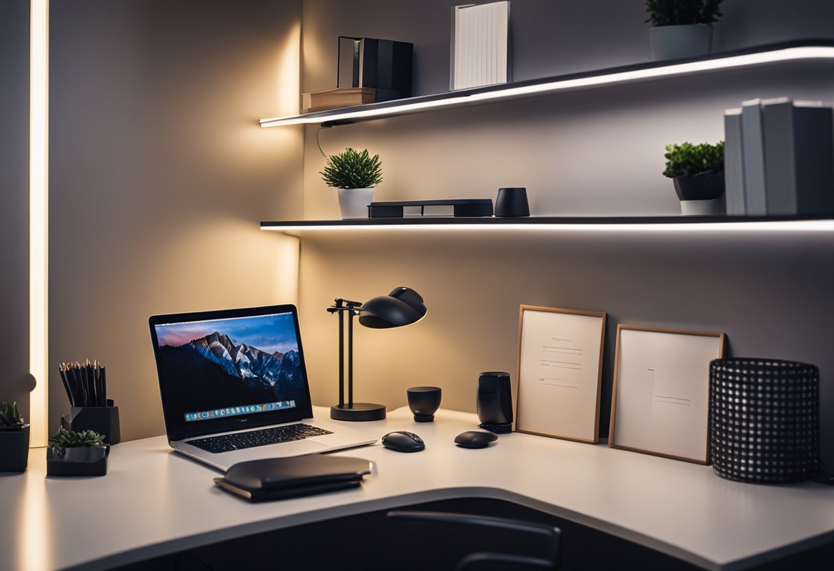A sleek desk with organized shelves, ergonomic chair, and ambient lighting in a modern home office