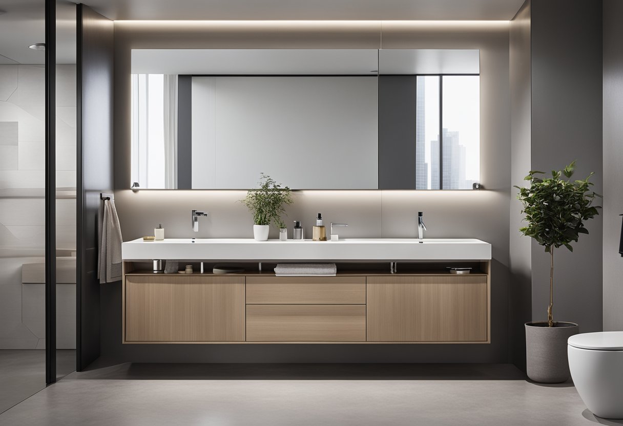 A sleek, modern toilet basin cabinet with clean lines and a seamless finish, featuring integrated storage compartments and a minimalist faucet
