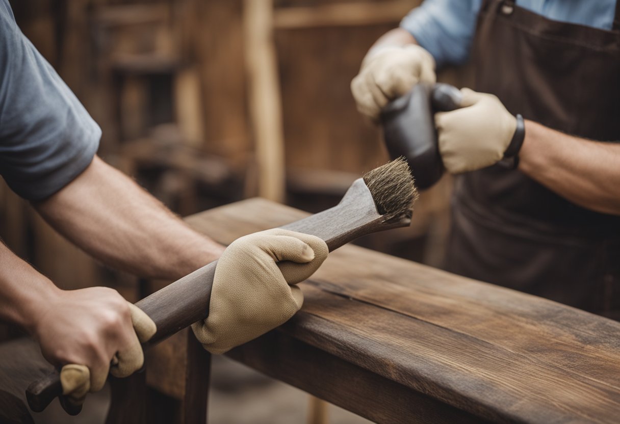 A skilled technician carefully restores a weathered teak chair, sanding and applying fresh oil to bring out its natural beauty