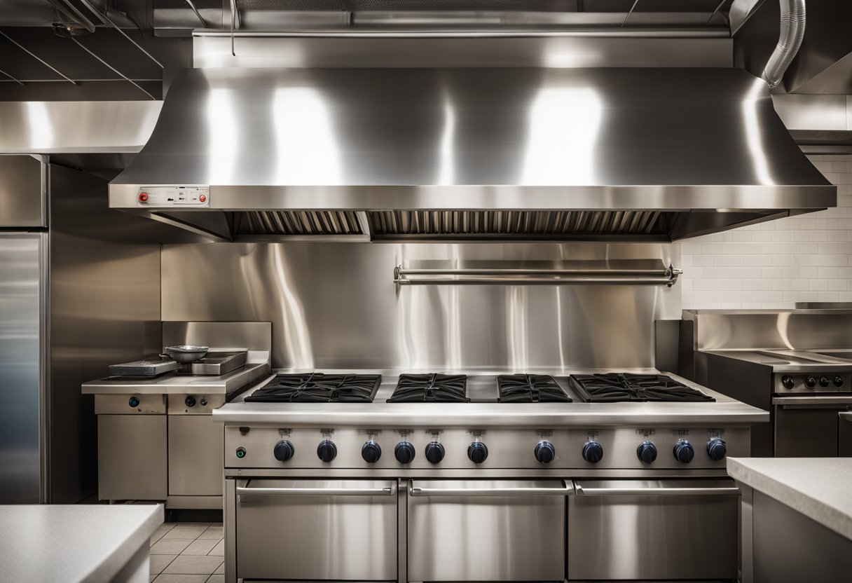 A stainless steel kitchen hood hangs above a commercial stove, with ductwork leading to an exterior vent. Fire suppression equipment is visible