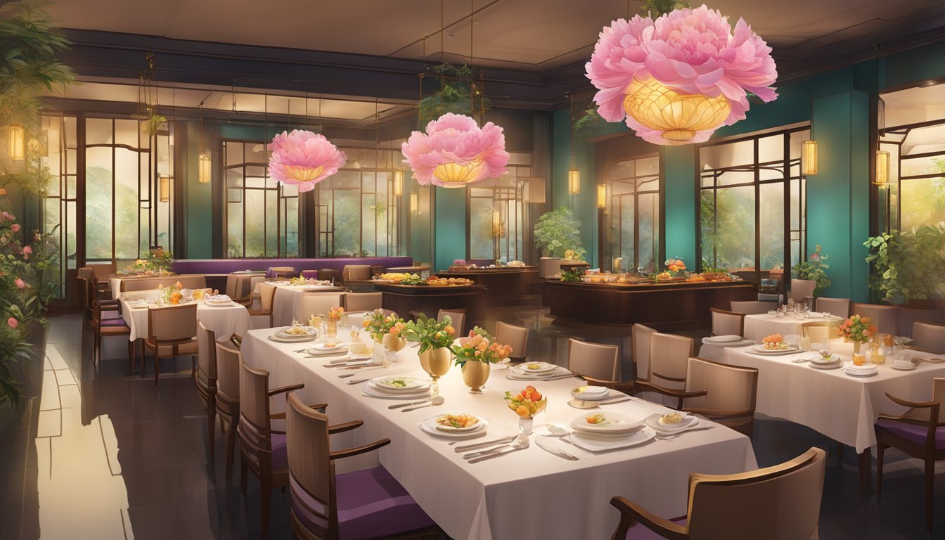 The Peony Jade restaurant buffet is filled with colorful dishes and aromatic steaming trays, surrounded by elegant décor and ambient lighting