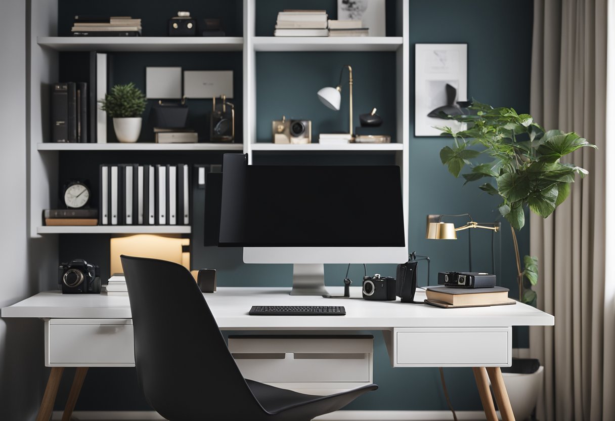 A modern desk with clean lines, a comfortable chair, and masculine decor. Shelves filled with books and tech gadgets. Minimalist color scheme with pops of bold accents