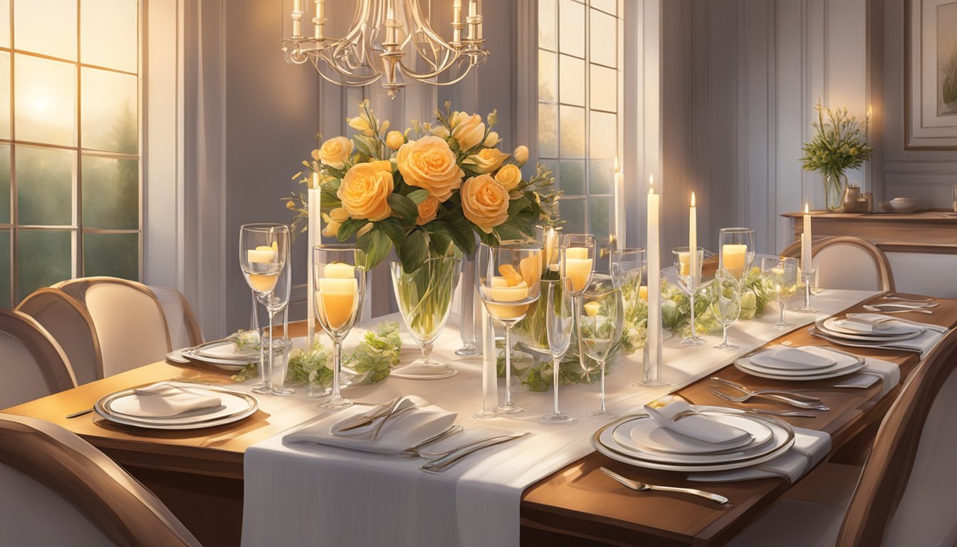 A table set with elegant cutlery and glassware, adorned with fresh flowers and a flickering candle. The warm glow of the ambient lighting creates a cozy and inviting atmosphere