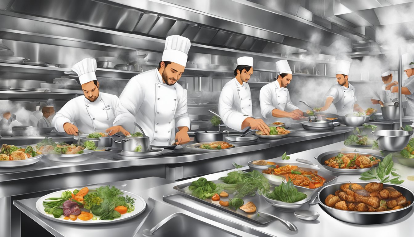 The bustling kitchen of Culinary Delights Monti restaurant, with chefs creating exquisite dishes amidst the sizzle of pans and the aroma of fresh herbs and spices