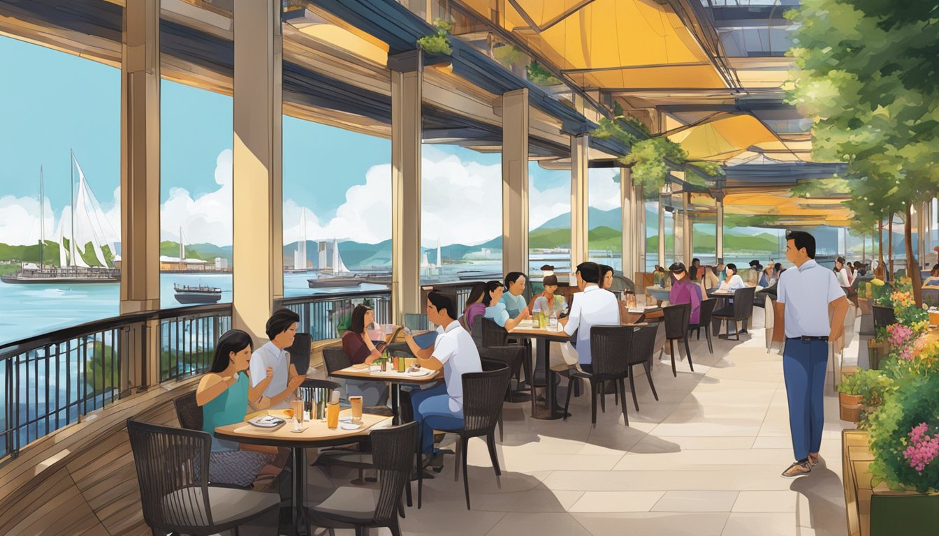 The bustling atmosphere of One Fullerton restaurants, with colorful outdoor seating and views of the waterfront