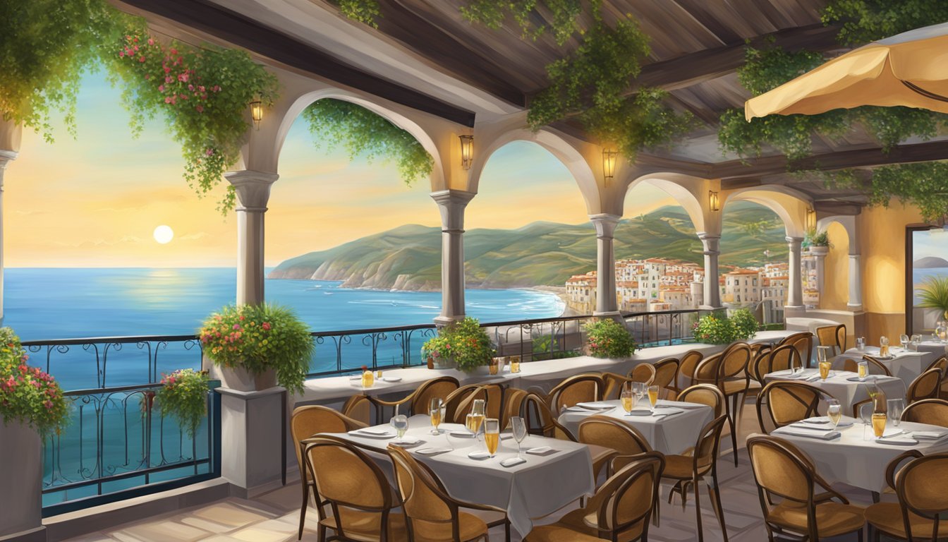 An Italian restaurant by the coast, with outdoor seating and a view of the ocean