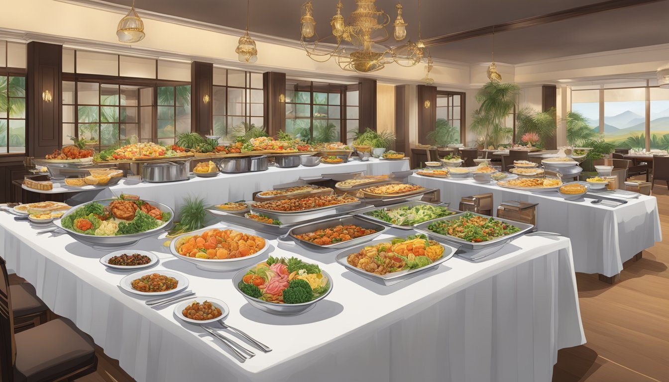 A lavish buffet spread at Peony Jade restaurant, showcasing an exquisite culinary journey with vibrant dishes and elegant presentation