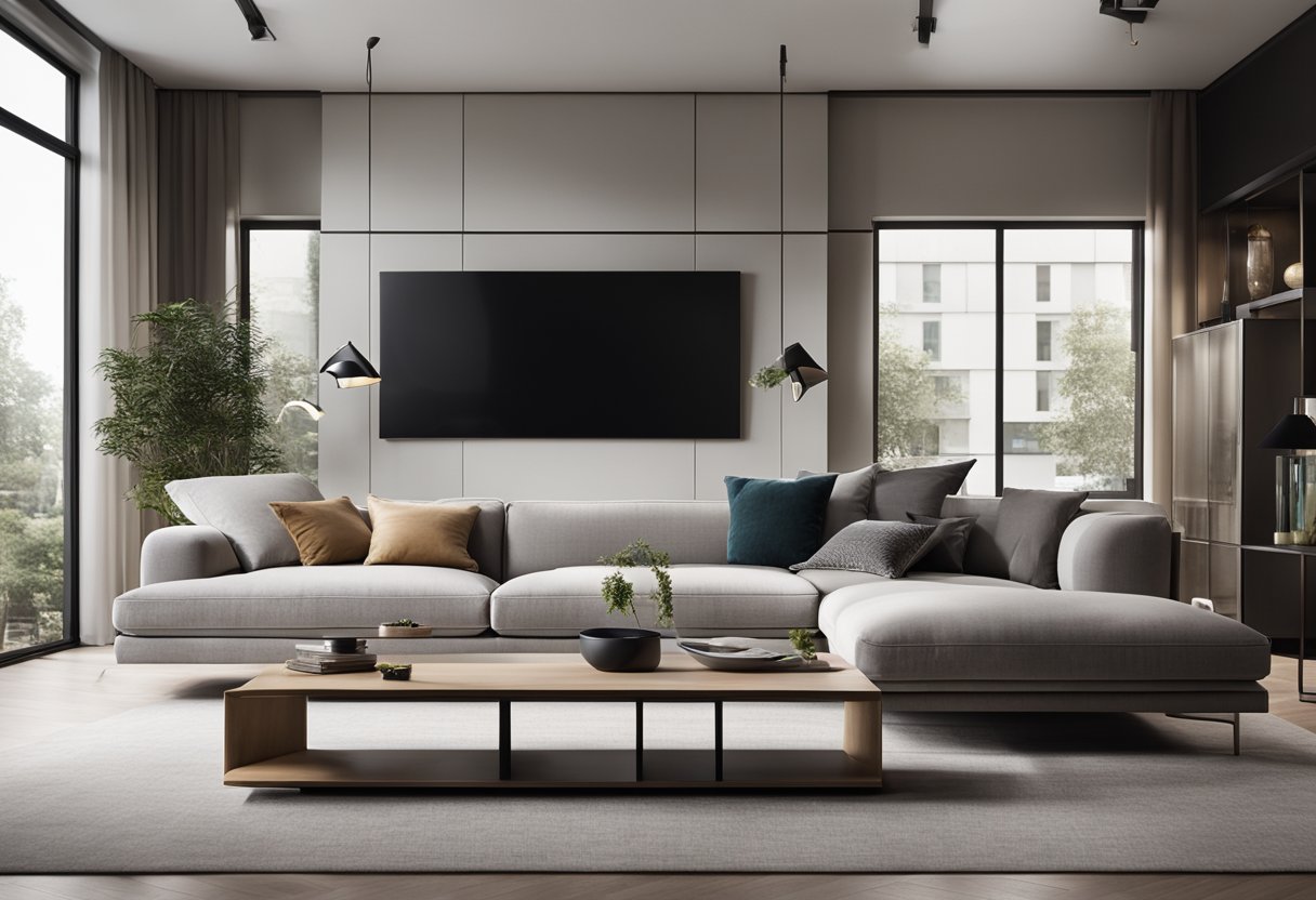 A modern living room with sleek, minimalist furniture and clean lines. A balance of style and functionality, with a focus on affordable designer pieces