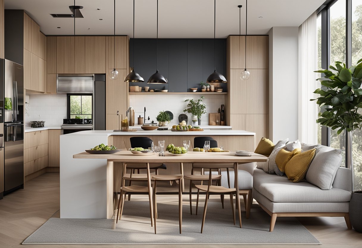 An open plan kitchen, dining, and living room with modern furnishings and decor. Bright natural light floods the space, highlighting the sleek countertops and cozy seating areas