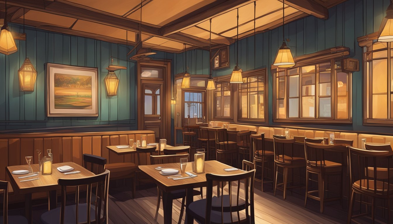 A cozy restaurant with dim lighting, wooden tables, and soft music playing in the background. The walls are adorned with vintage artwork, creating a warm and inviting atmosphere