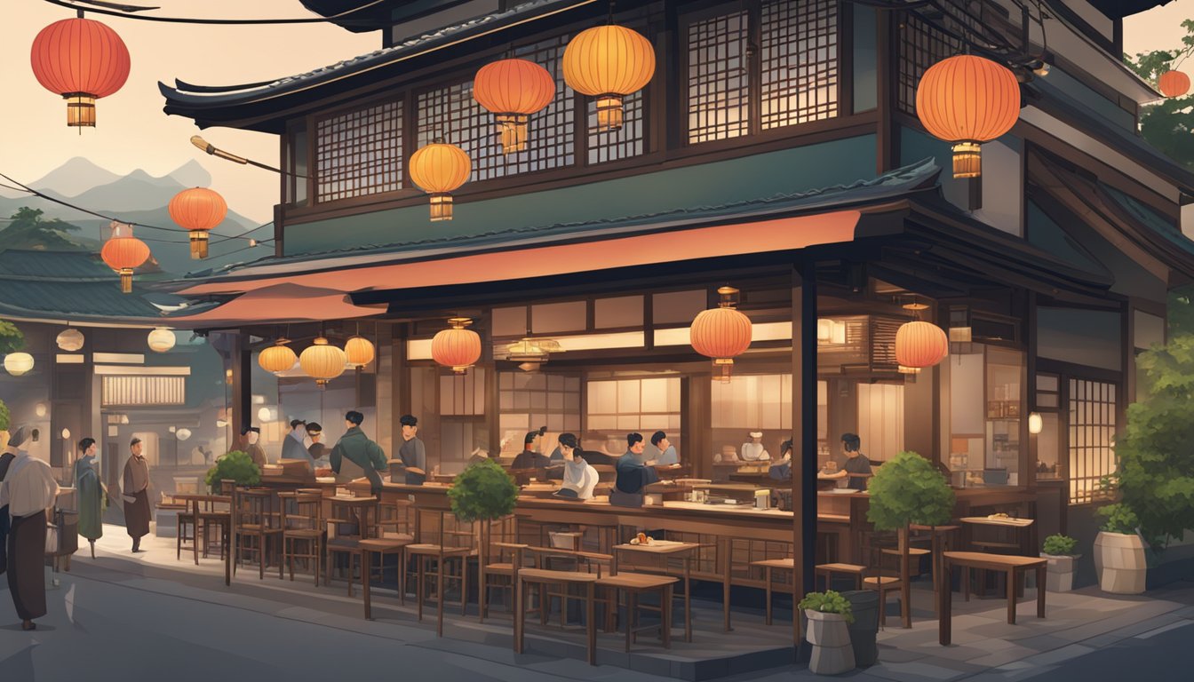 A bustling Japanese restaurant on Cuppage Road with traditional lanterns, wooden decor, and a sushi bar