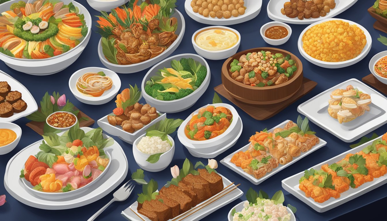 A lavish buffet spread at Peony Jade restaurant, featuring a colorful array of dishes and delicacies