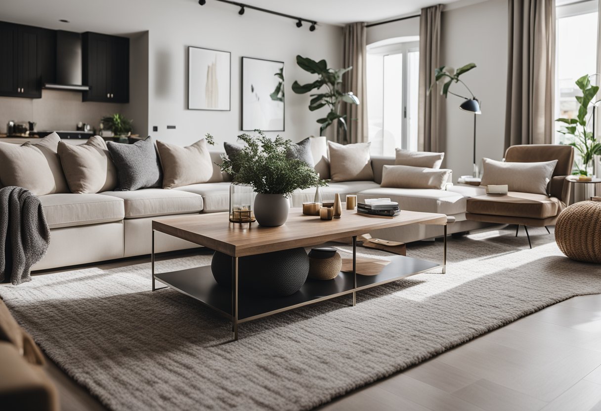 A modern living room with stylish, affordable furniture. Clean lines, neutral colors, and a cozy atmosphere