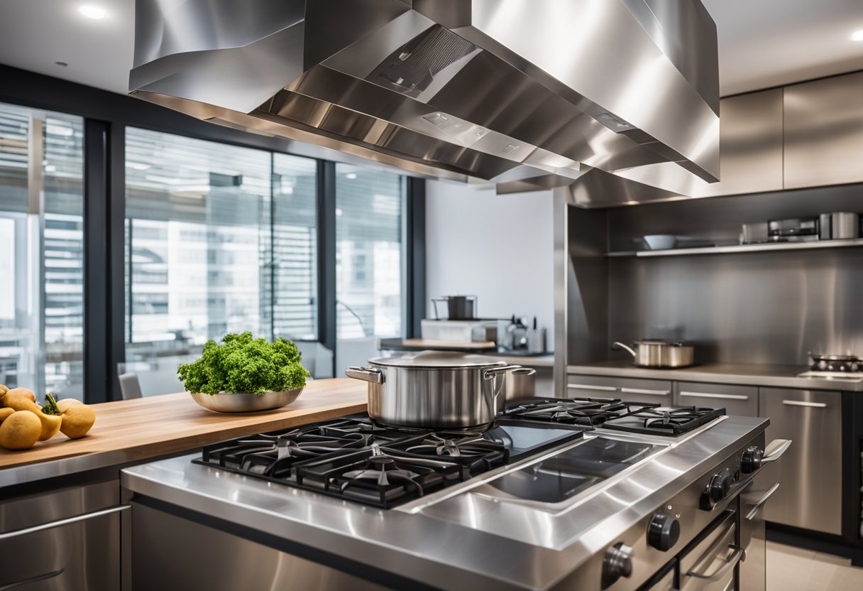 A modern kitchen with a sleek, stainless steel hood system suspended above the stove, with clear labeling and instructions for operation