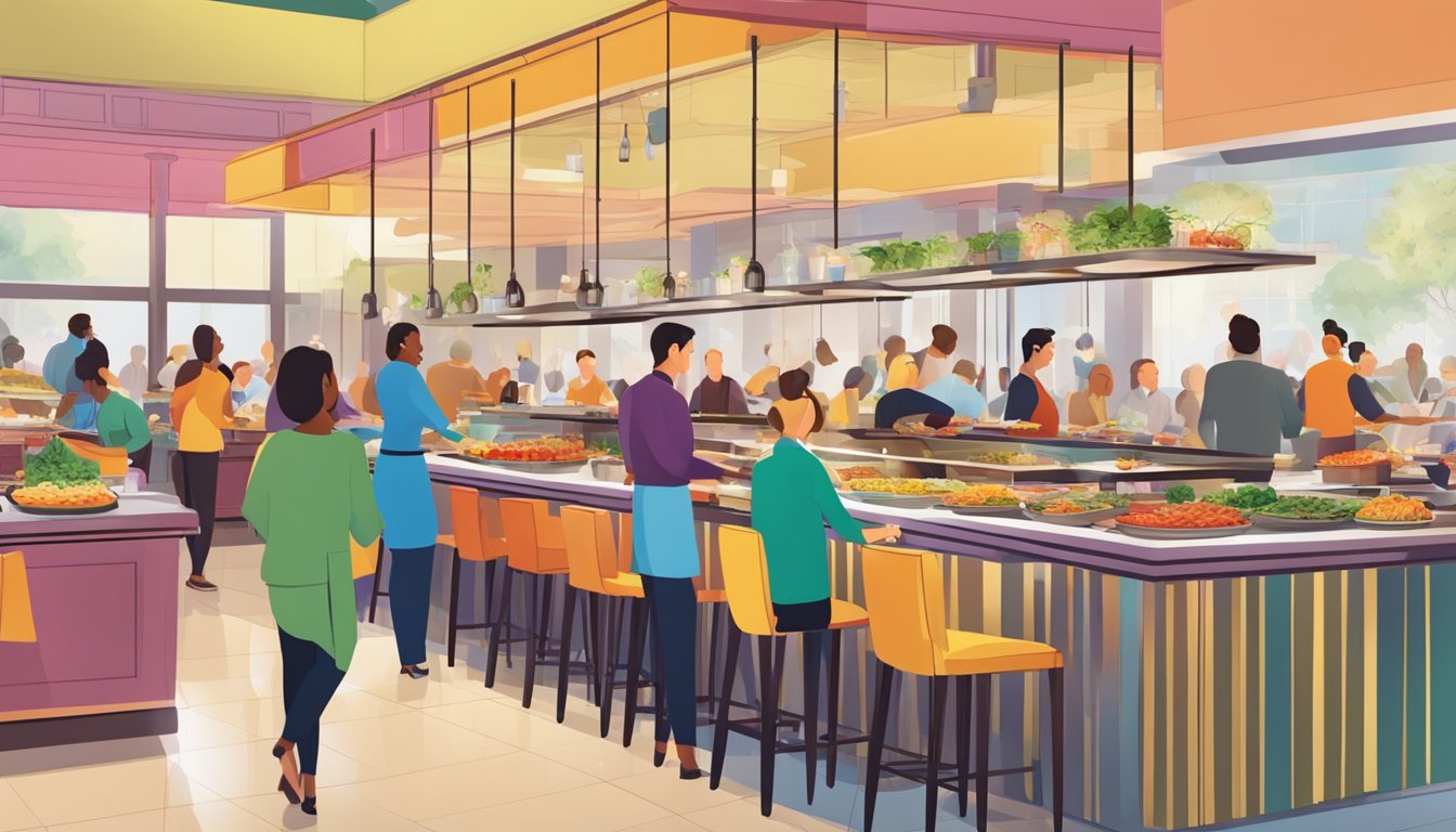A bustling restaurant buffet with vibrant decor and a spread of colorful dishes, with patrons lining up and servers bustling about