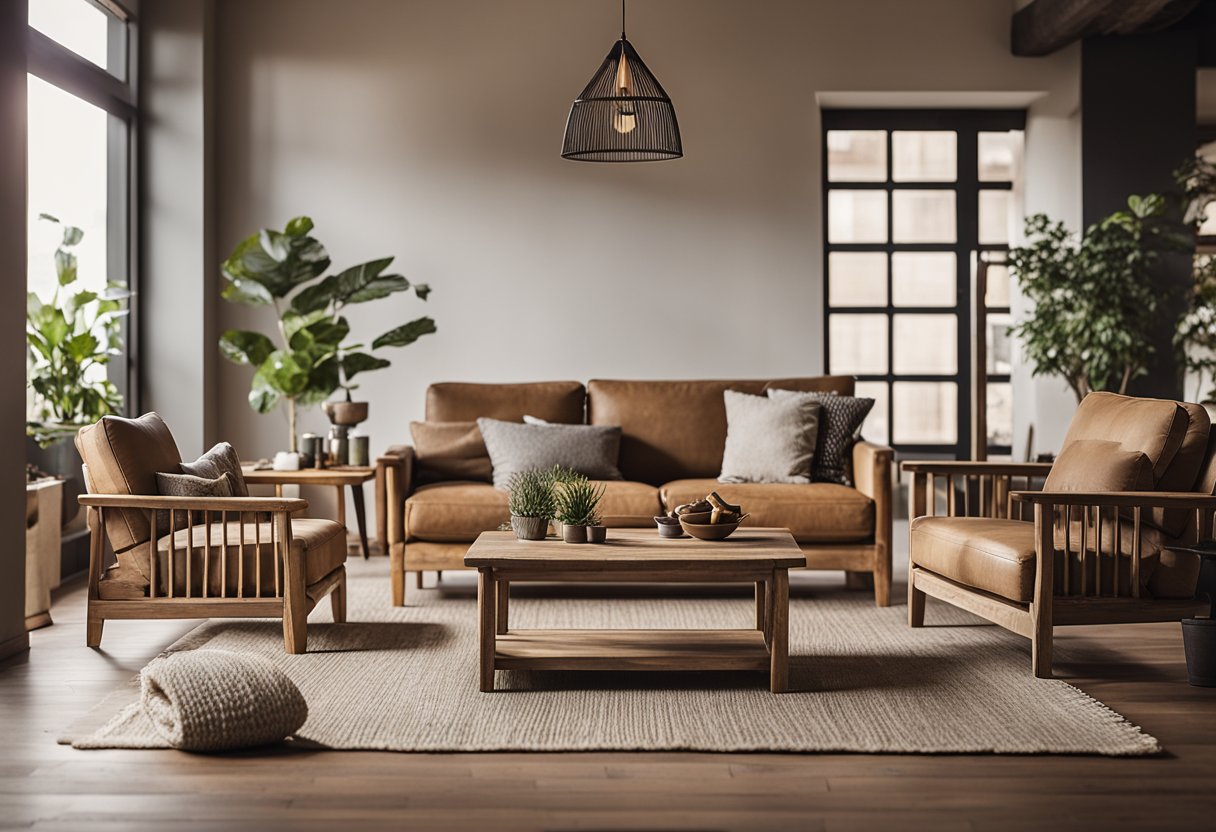 A cozy living room with a reclaimed wood coffee table, a rustic dining table, and a set of weathered wooden chairs. The warm natural tones of the wood create a welcoming and sustainable atmosphere