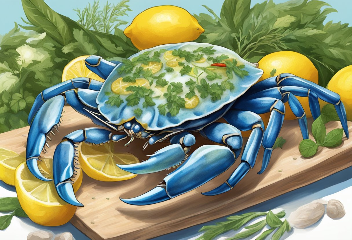 A blue swimmer crab sits on a bed of fresh herbs and spices, surrounded by lemons and chili peppers. A pot of boiling water steams in the background