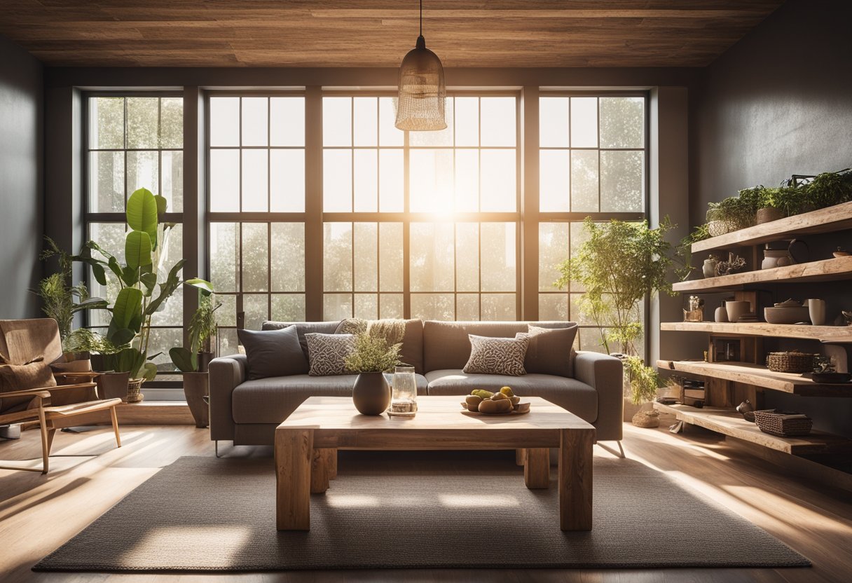 A cozy living room with a reclaimed wood coffee table, shelves, and a dining set. Sunlight streams in, highlighting the natural grain and texture of the wood