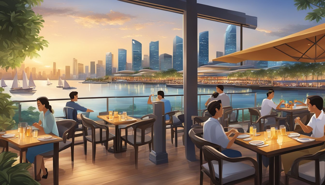A bustling waterfront restaurant area with outdoor seating, overlooking the city skyline and the serene waters of Marina Bay. A variety of cuisines and vibrant atmosphere