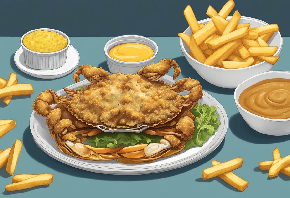 A chef dredges soft shell crabs in seasoned flour, then fries them until golden brown