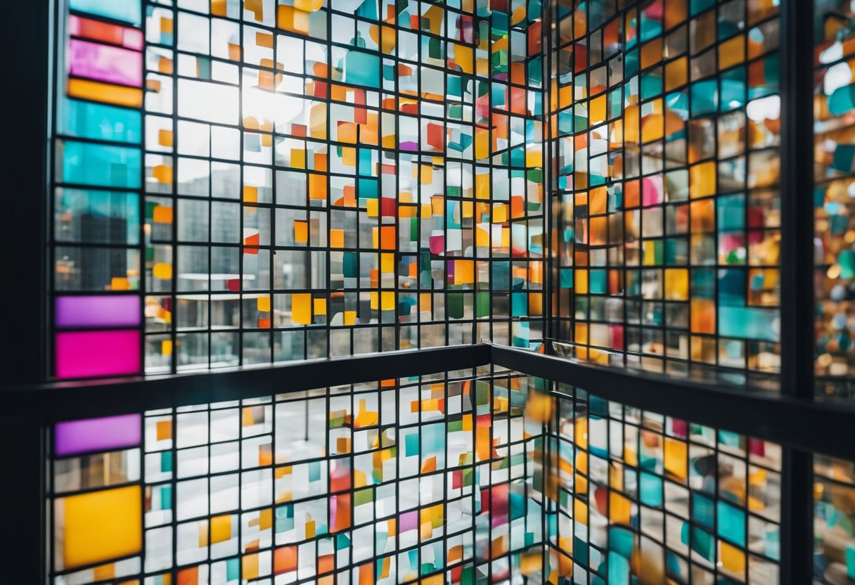 Colorful glass stickers decorate an office window, featuring geometric patterns and abstract designs