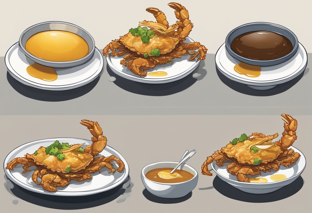 Soft shell crab being dipped in batter, sizzling in hot oil, and then being plated with garnish and sauce