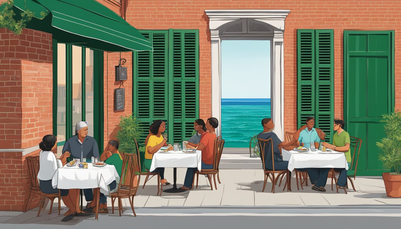 Customers enjoying a meal at outdoor tables in front of a red-brick building with green shutters. A sign reads "Italian Enclave" with a view of the ocean in the background