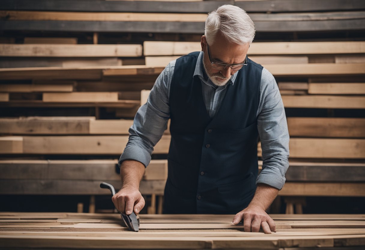 A craftsman carefully selects weathered planks, measuring, cutting, and assembling them into a stunning reclaimed wood masterpiece