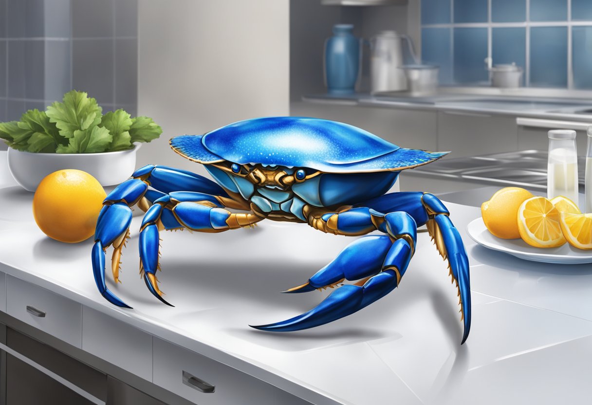 A blue swimmer crab is being cleaned and prepared for cooking, with its bright blue shell and distinctive claws standing out against a clean kitchen counter
