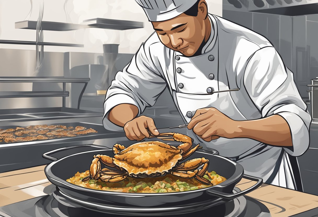 A chef carefully dips a soft shell crab into a seasoned batter before gently placing it into a sizzling hot pan