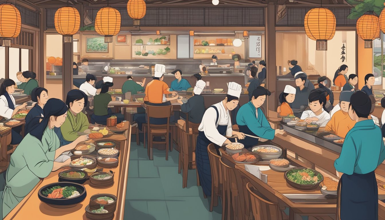 A bustling Japanese restaurant in Cuppage Plaza, with colorful lanterns and busy chefs behind the counter. Tables are filled with diners enjoying sushi and sashimi