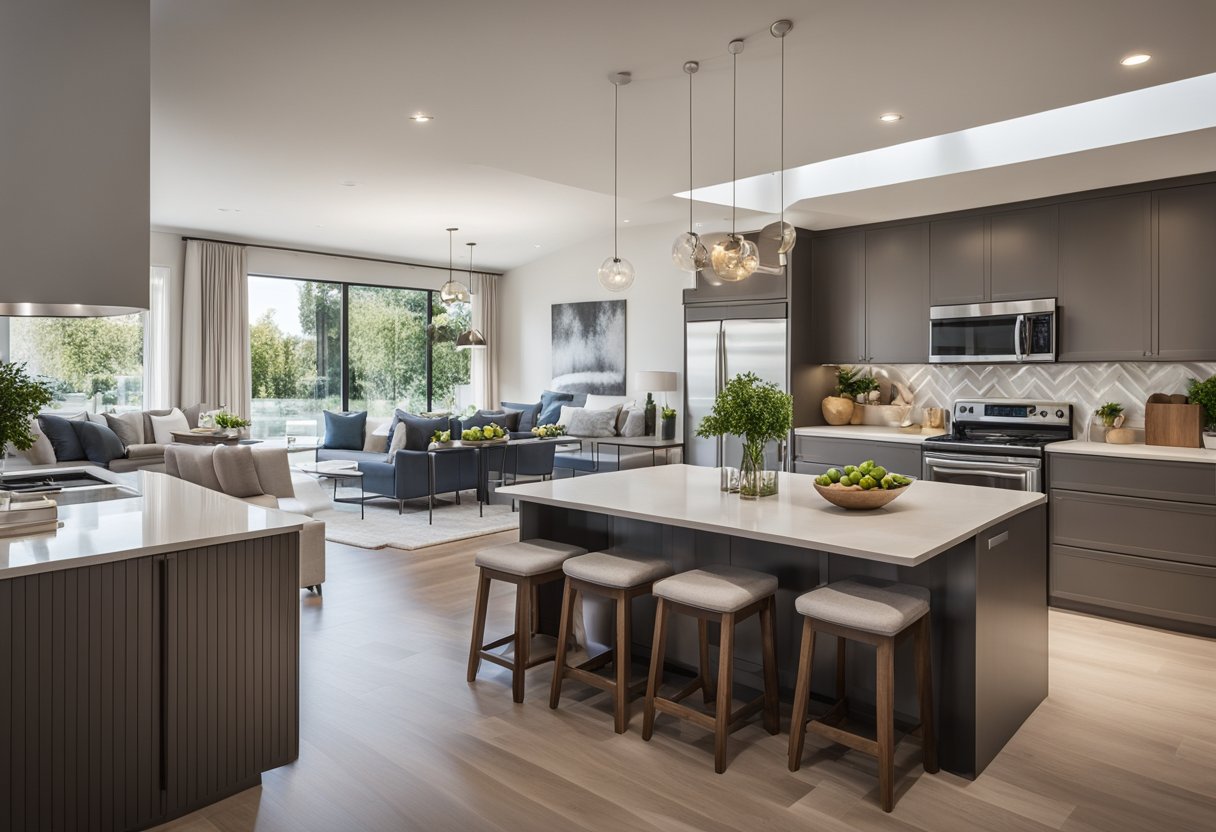 An open plan kitchen, dining, and living room with modern design features and seamless integration. The space is filled with natural light, sleek furniture, and a cohesive color scheme