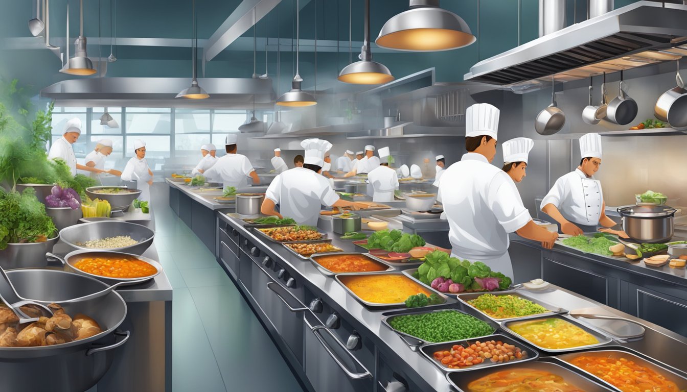 A bustling restaurant kitchen with chefs preparing gourmet dishes amidst sizzling pans, aromatic herbs, and colorful ingredients