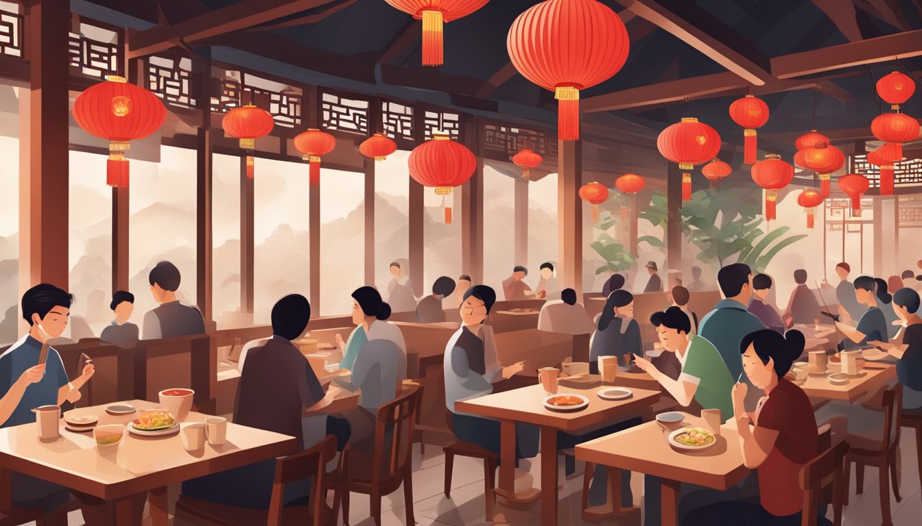 A bustling Chinese restaurant with red lanterns, wooden tables, and steaming bowls of noodles. Customers chatter and clink chopsticks