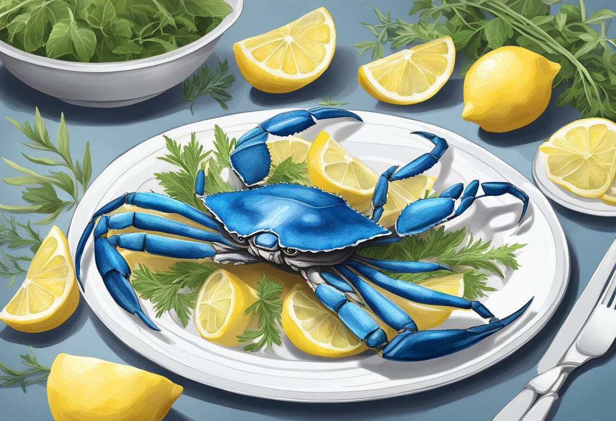 A blue swimmer crab sits on a white plate surrounded by fresh herbs and lemon wedges. The crab is cooked and cracked open, ready to be enjoyed