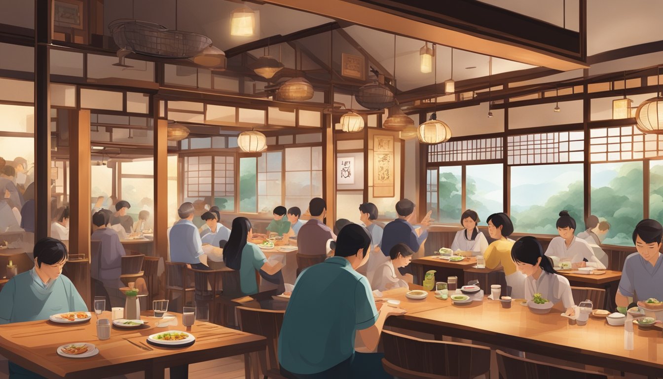 A bustling Japanese restaurant with customers enjoying their meals, waitstaff moving swiftly between tables, and the aroma of sizzling food filling the air